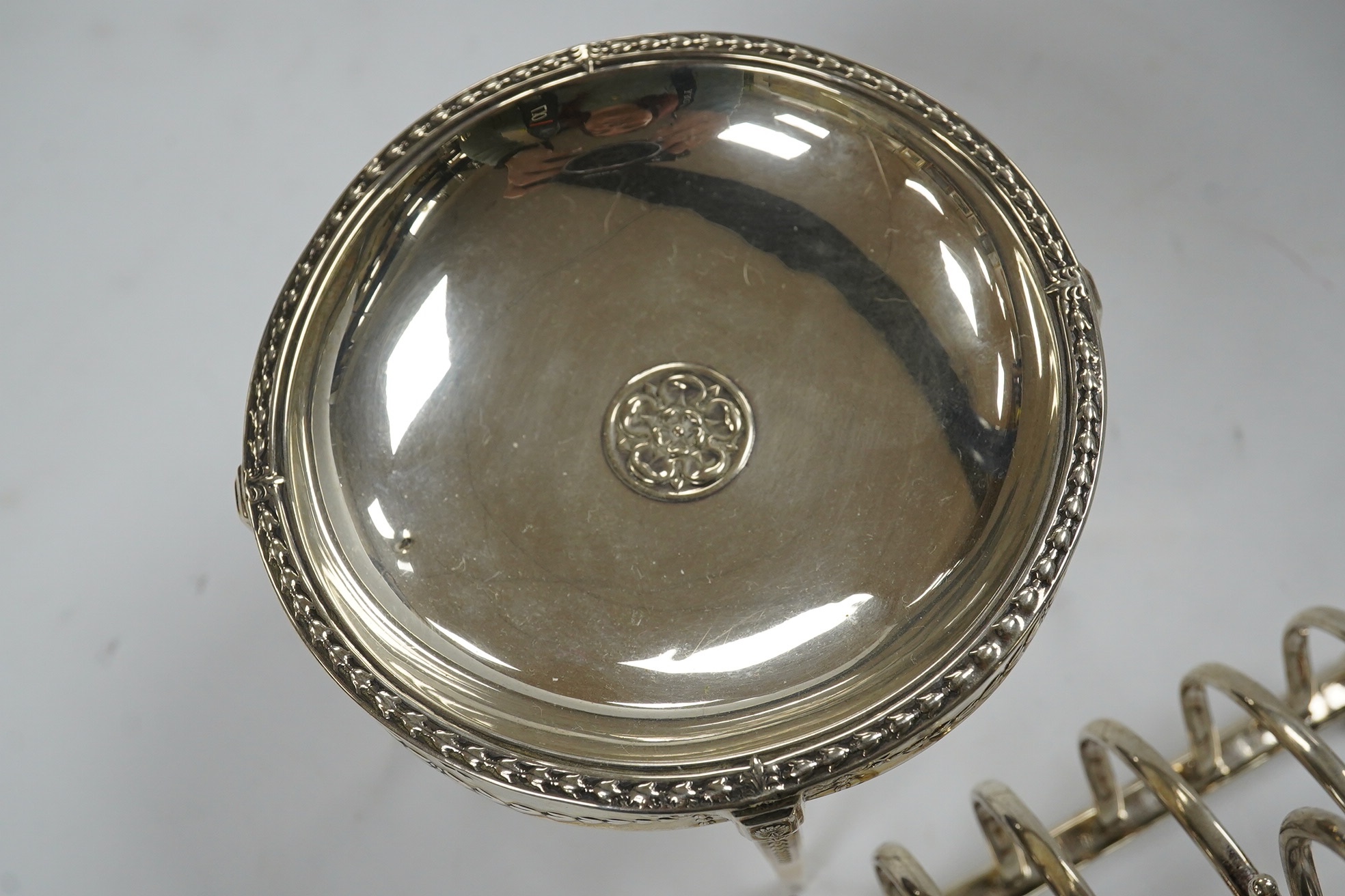 A George V miniature silver model of an occasional table, John Round, Sheffield, 1925, height 9.8cm, together with a similar silver five bar toast rack, 11.3oz. Condition - fair
